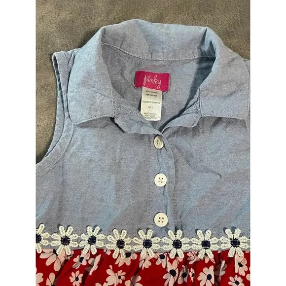 Pinky Girl USA Red White Blue Floral Denim Sleeveless Dress Light Causal SZ 5 - Picture 2 of 5